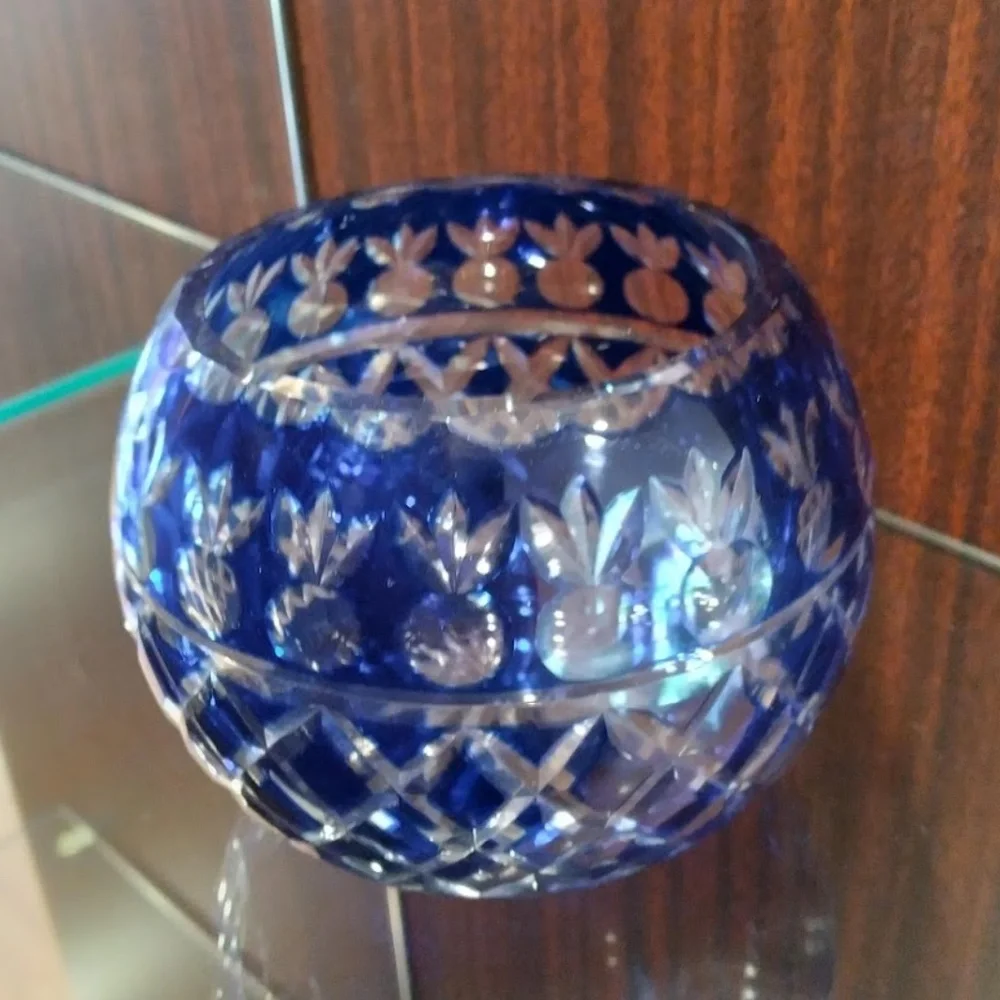 Crystal with Cobalt Blue Overlay and Clear Cut Decor Candle Holder Votive